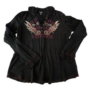 Harley-Davidson Legendary Rhinestone Hooded Henley Biker Moto Grunge Graphic